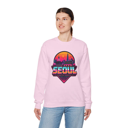 Light pink crewneck sweatshirt with multicolor Seoul city graphic