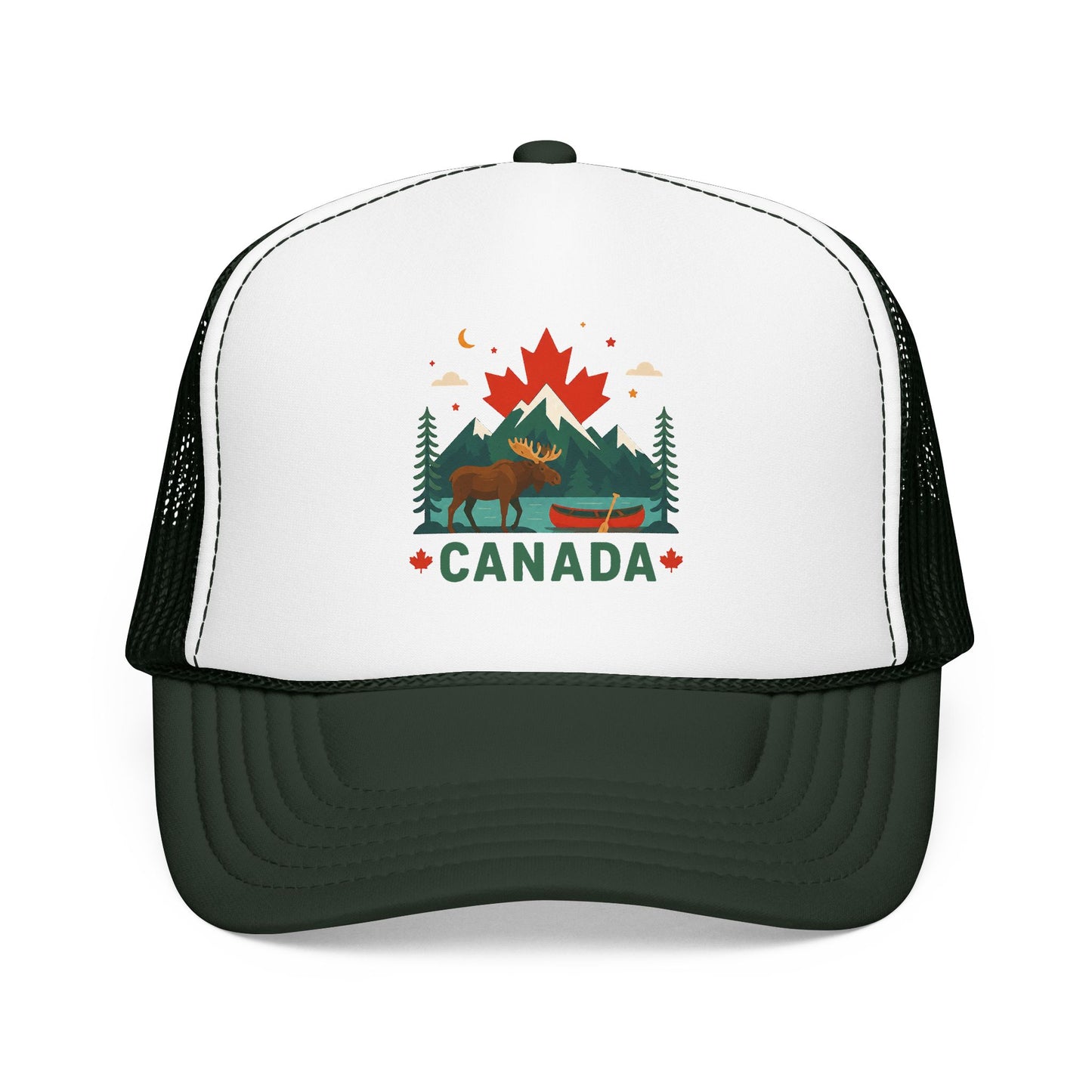 White/black and dark green Canada moose trucker hat with 'CANADA' graphic and mesh back