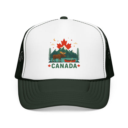 White/black and dark green Canada moose trucker hat with 'CANADA' graphic and mesh back