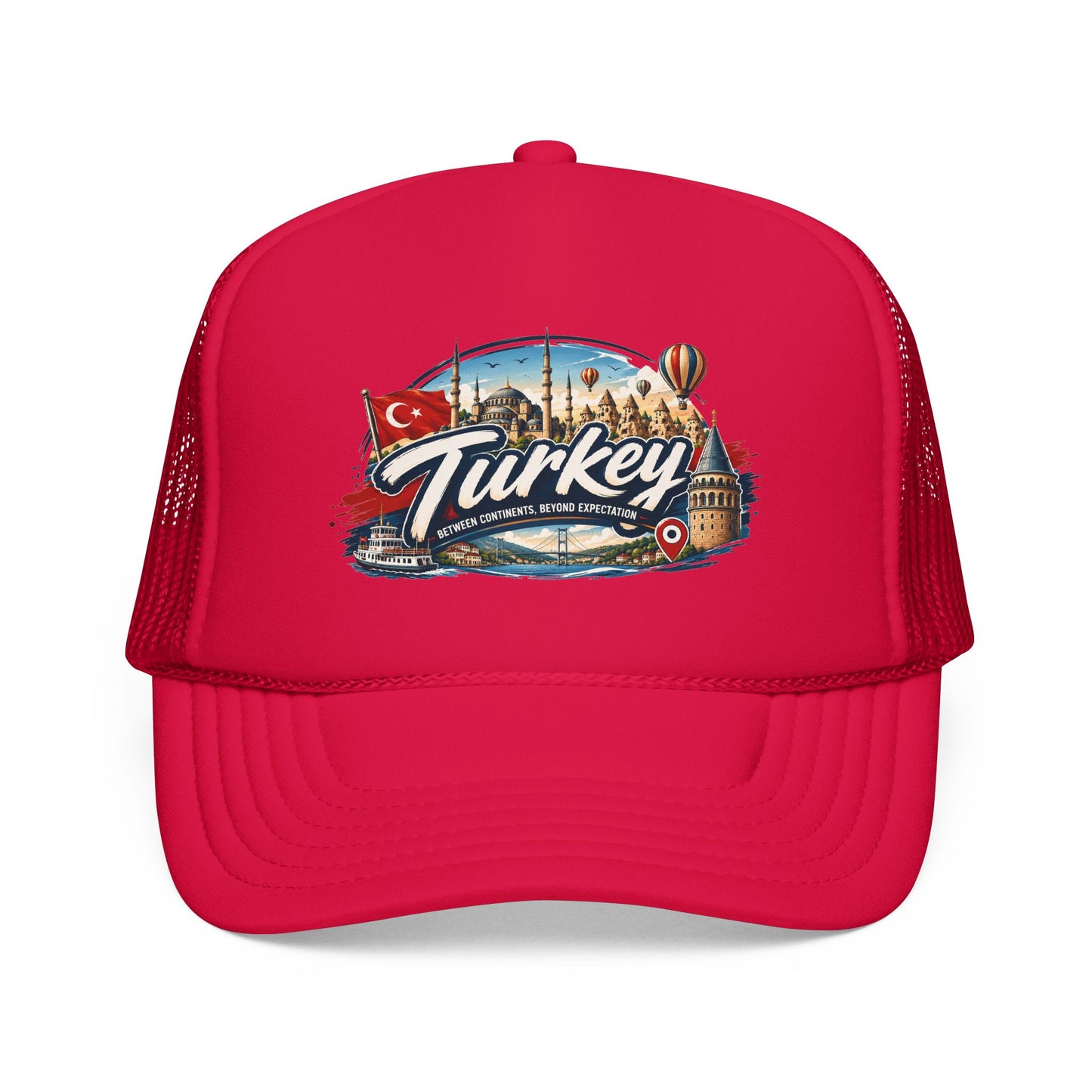 Red trucker hat with mesh sides and Turkey-themed front graphic