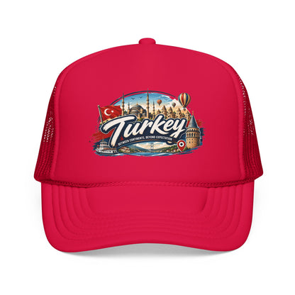 Red trucker hat with mesh sides and Turkey-themed front graphic