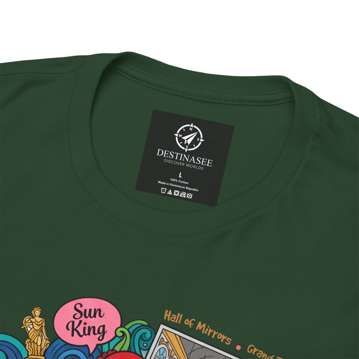 Dark green T-shirt close-up of Versailles France graphic print near neckline