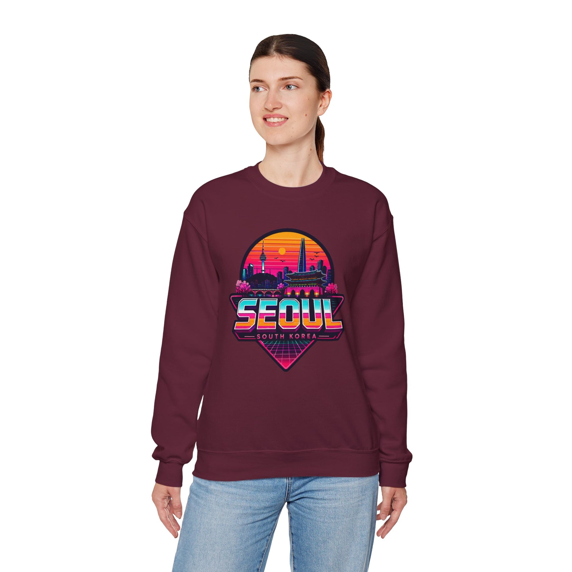 Maroon crewneck sweatshirt with Seoul skyline graphic front, ribbed cuffs