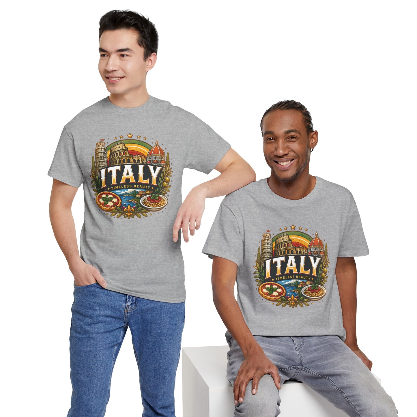 Heather gray crewneck T-shirt with vintage Italy emblem graphic, short sleeves