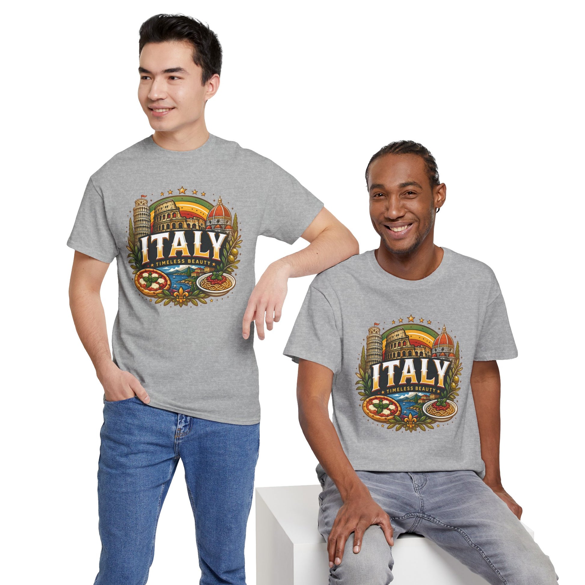 Heather gray crewneck T-shirt with vintage Italy emblem graphic, short sleeves