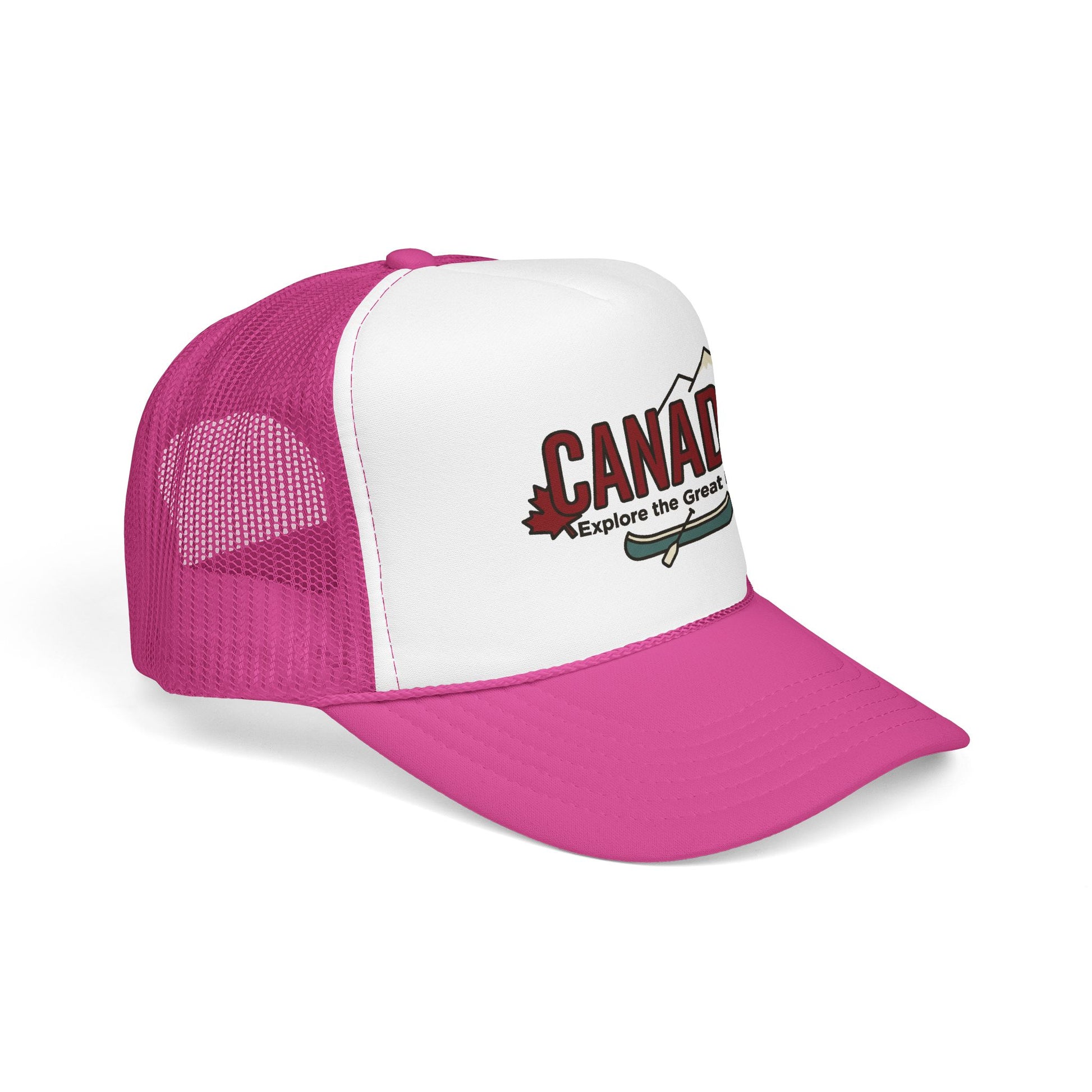 White and pink foam trucker hat with Canada logo patch and pink mesh side panels.