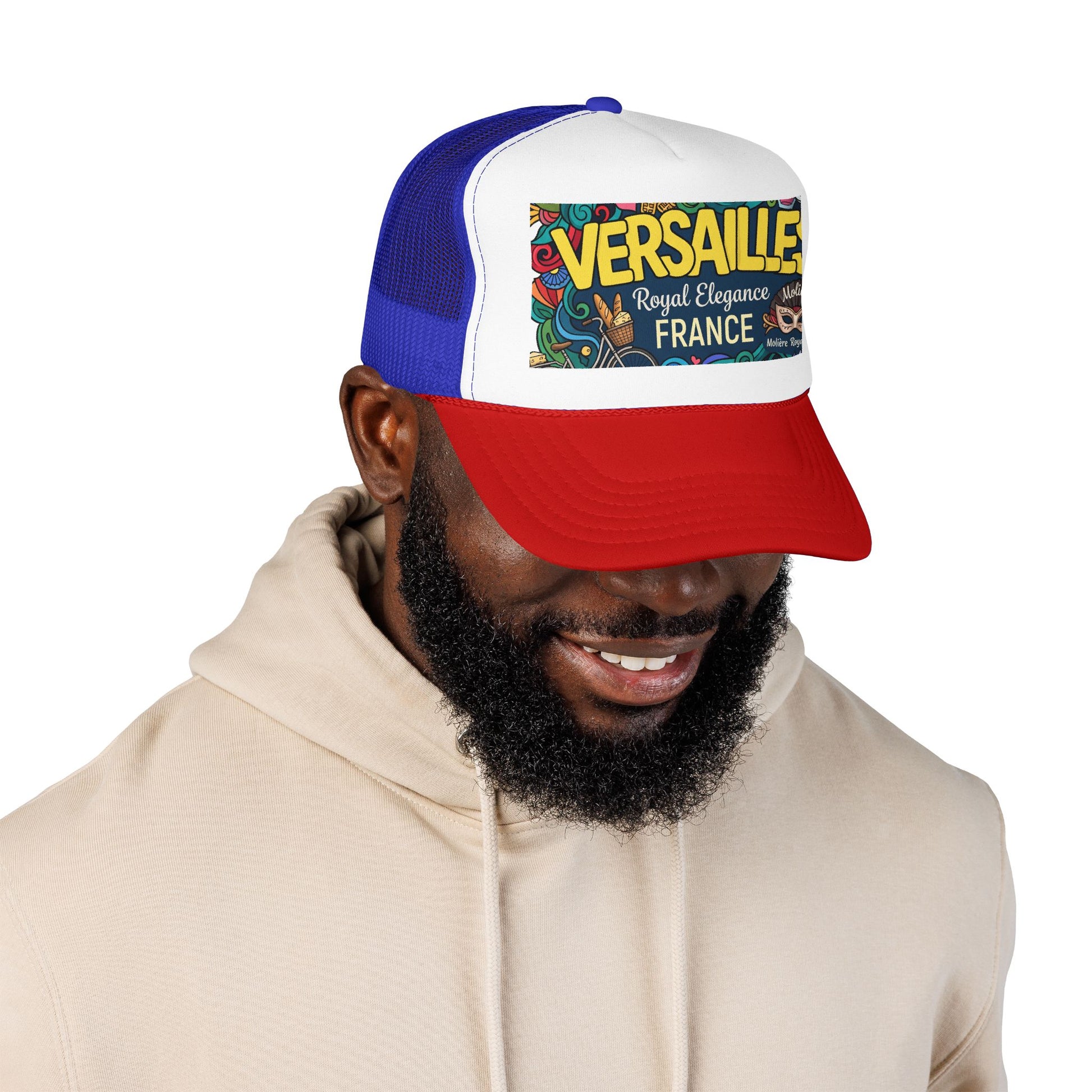 Two-tone blue and red trucker hat with mesh back, colorful Versailles France patch