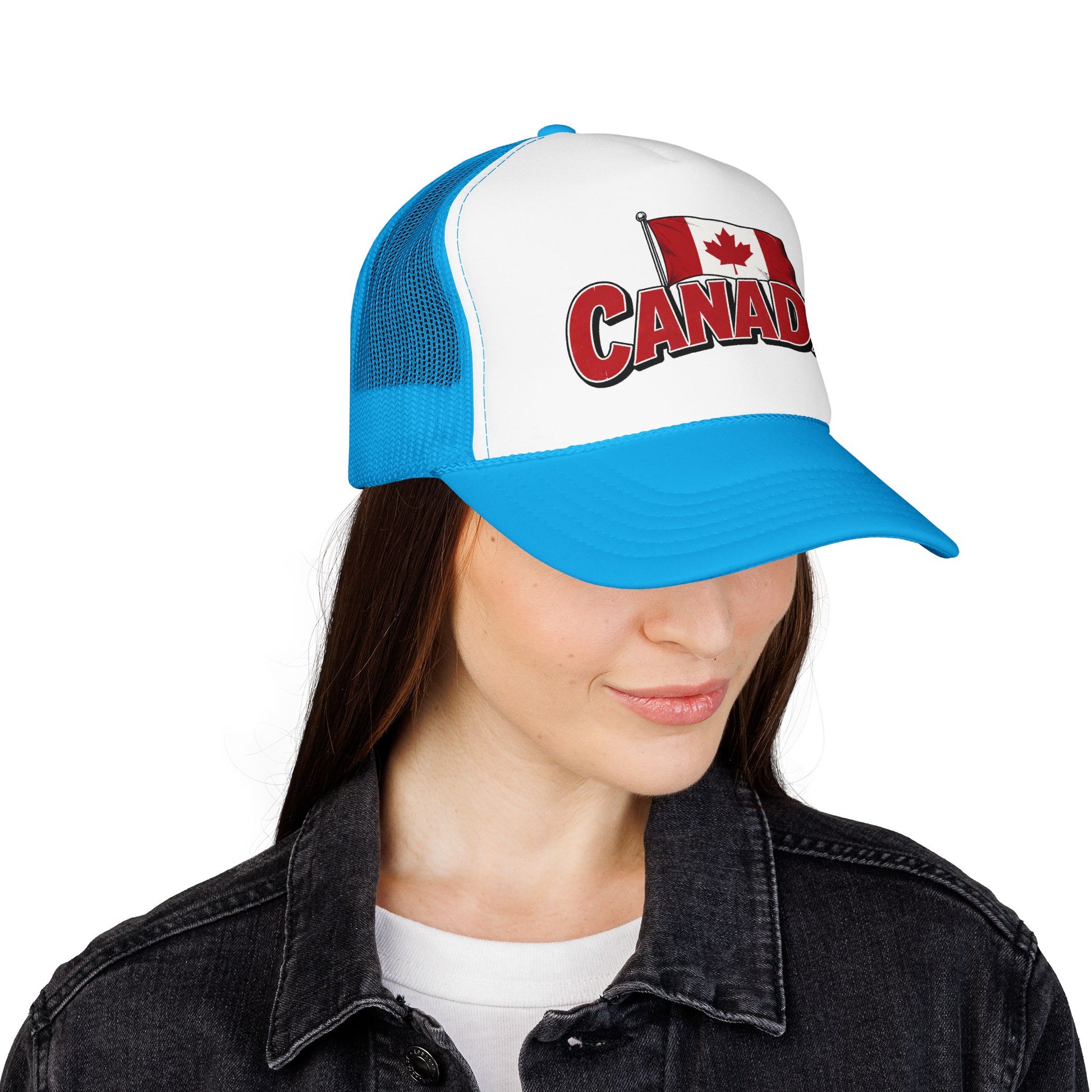 Canada flag trucker hat with blue brim, white front, blue mesh, Canada crest logo
