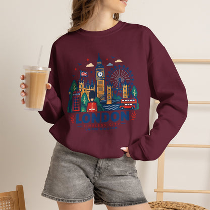 Maroon crewneck sweatshirt with London skyline graphic, person wearing