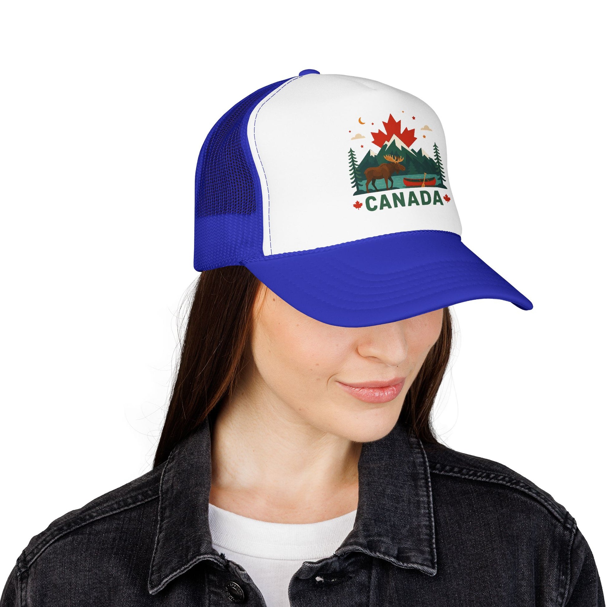 Royal blue and white Canada moose trucker hat with Canada emblem front patch