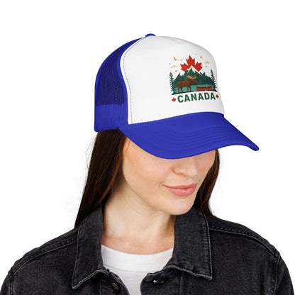 Royal blue and white Canada moose trucker hat with Canada emblem front patch