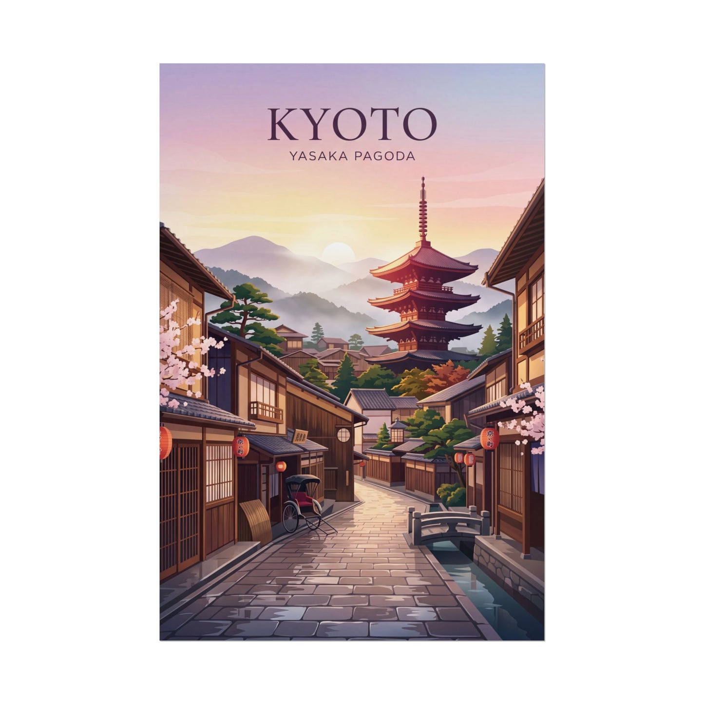 Rolled poster of Kyoto street with red Yasaka pagoda tower and cherry blossoms