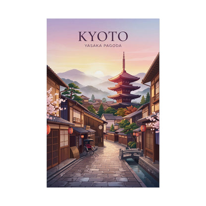 Rolled poster of Kyoto street with red Yasaka pagoda tower and cherry blossoms