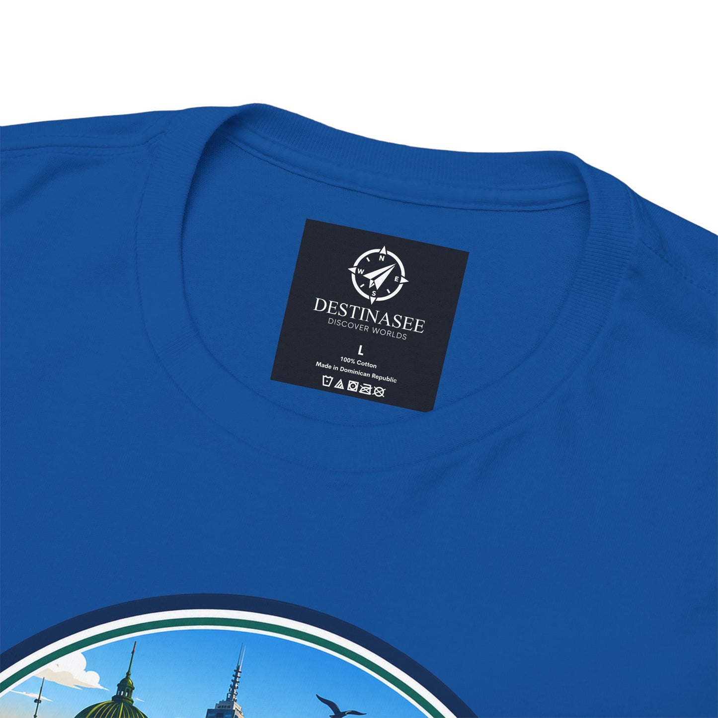 Blue crew-neck tee with Destinasee label at back collar and partial graphic