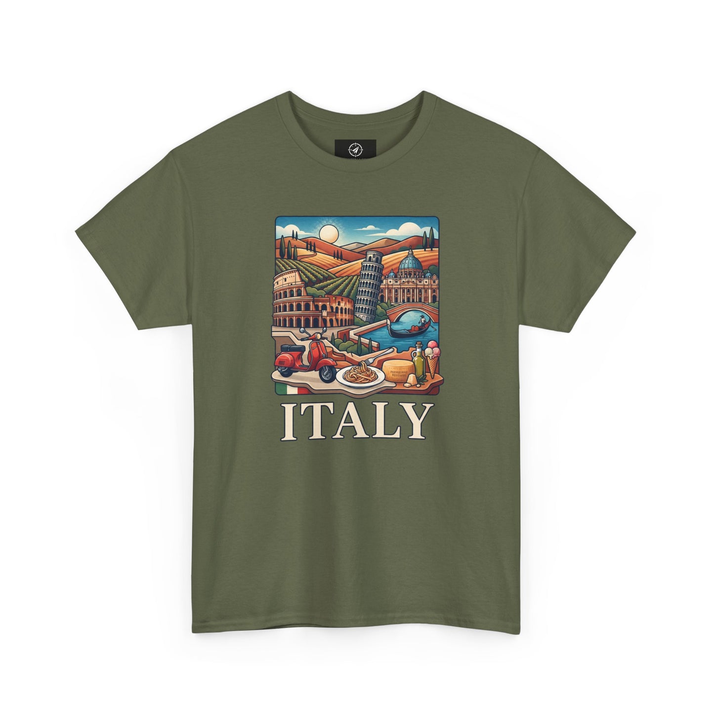 Olive green graphic T-shirt with rectangular Italy scenic print and large “ITALY” text