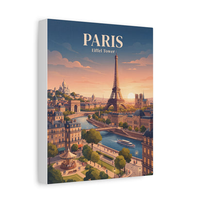 Matte canvas wall art: PARIS text above Eiffel Tower over a warm sunset cityscape