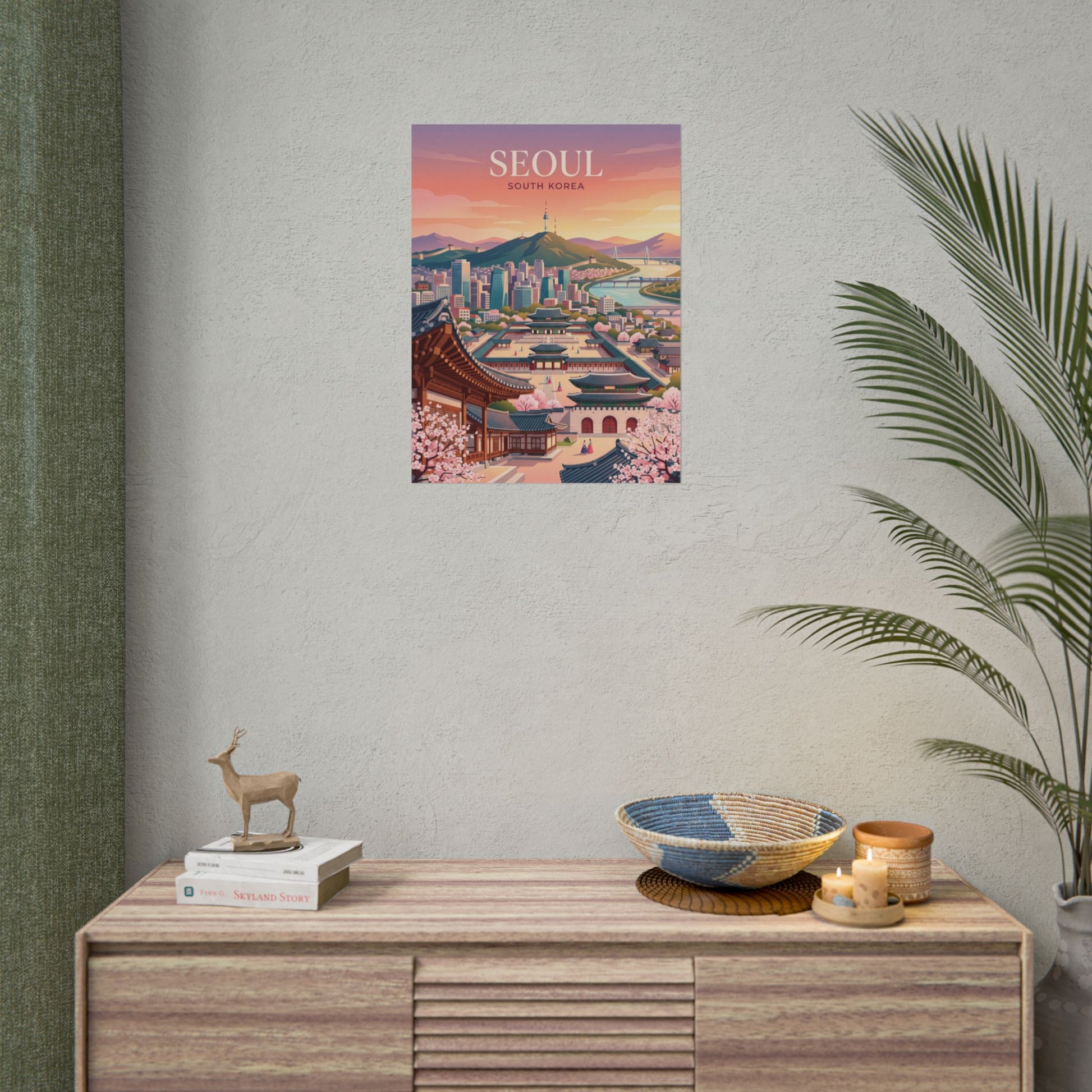 Seoul cityscape rolled poster on a wall, featuring SEOUl title, skyline, and blooming trees