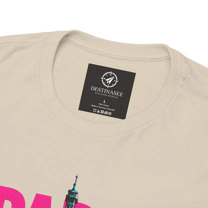 Beige T-shirt close-up: neck label and partial Eiffel Tower graphic