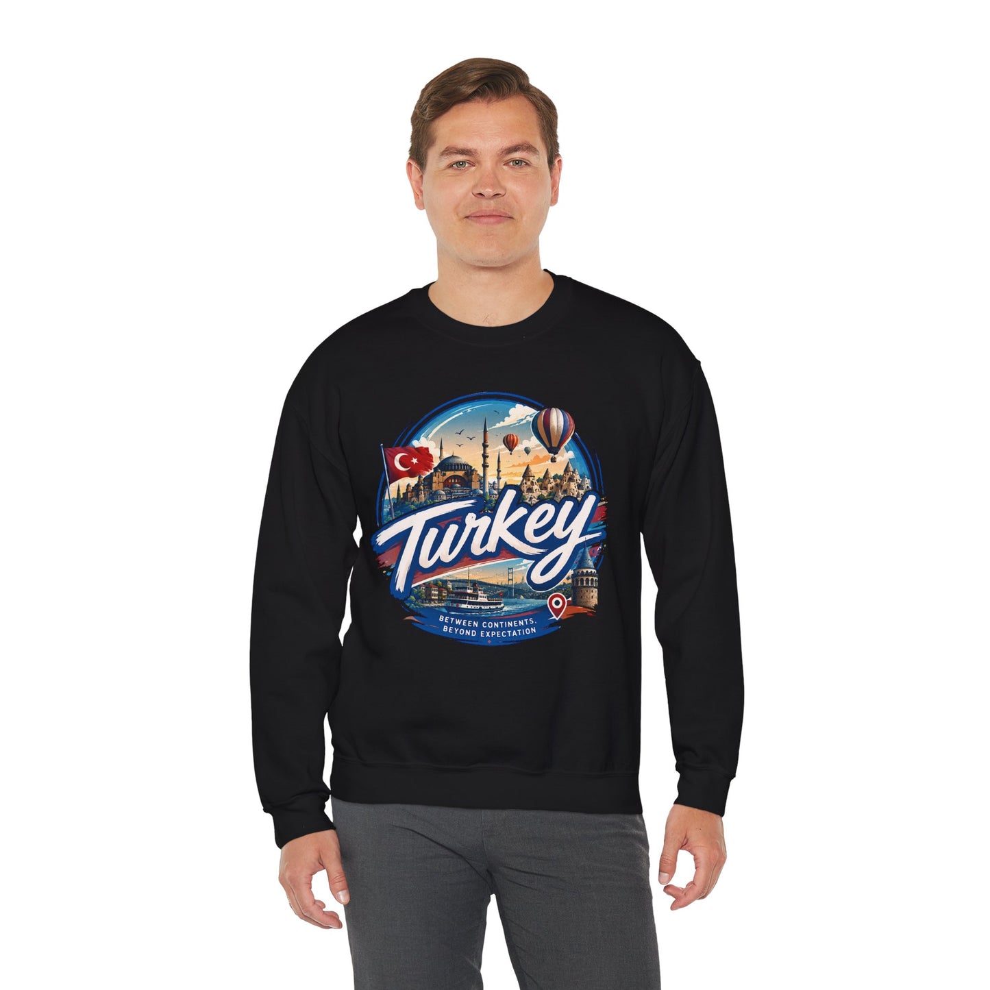 Black crewneck sweatshirt with retro “Turkey” graphic on the chest