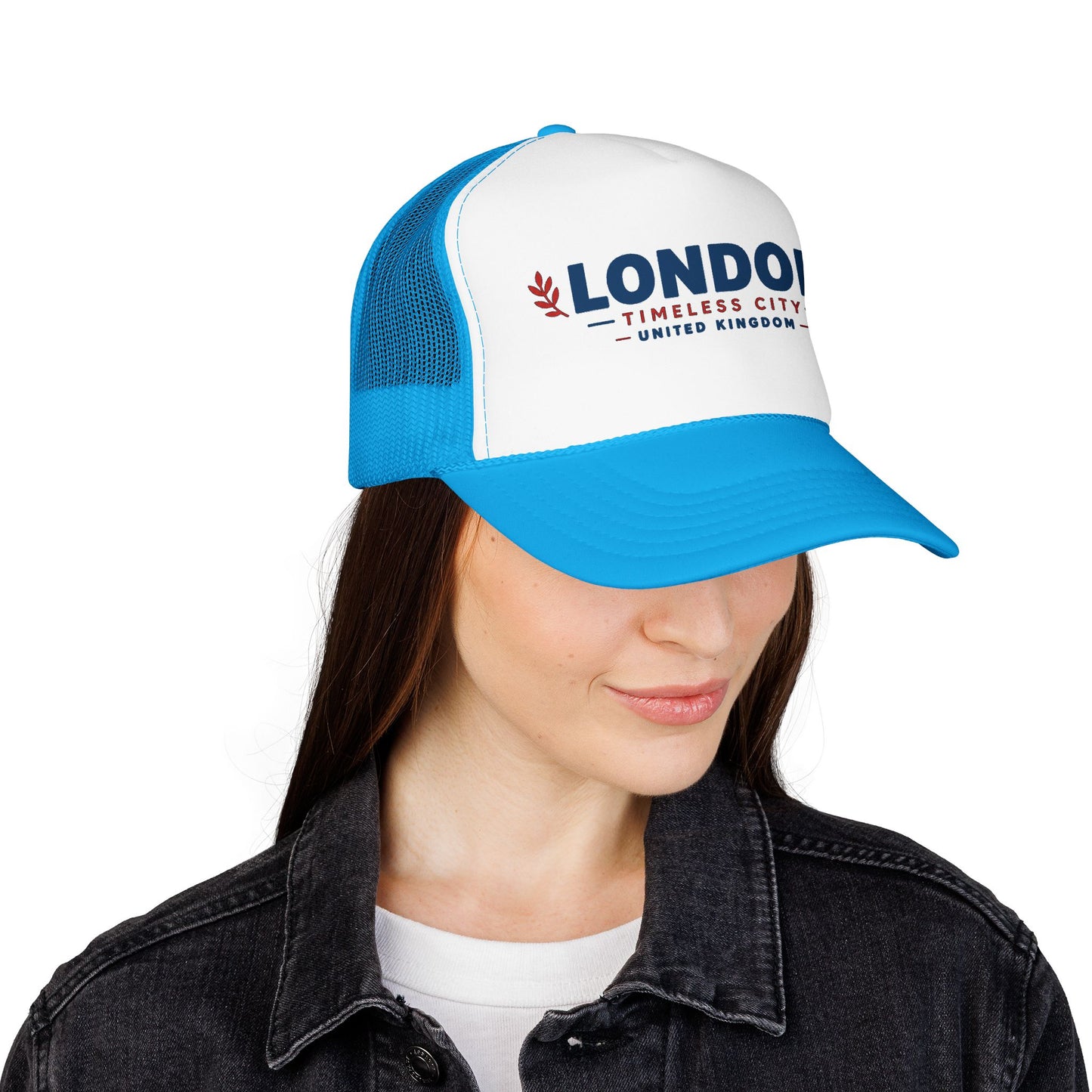 White front with blue side mesh trucker hat featuring “LONDON” logo