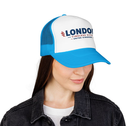White front with blue side mesh trucker hat featuring “LONDON” logo