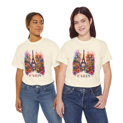 Cream T-shirt with Eiffel Tower floral watercolor graphic and PARIS text, worn by two models
