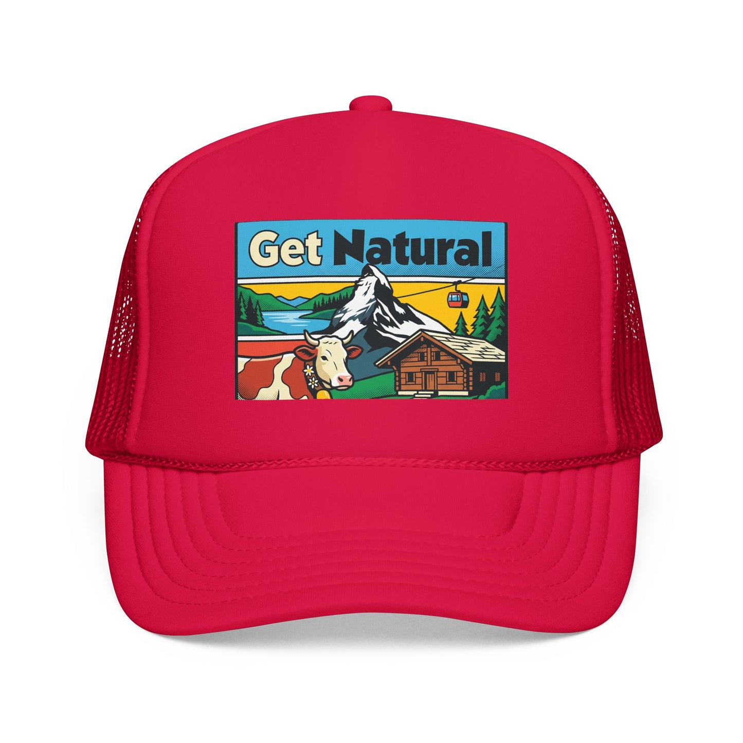 Red trucker hat with a colorful alpine scene graphic panel and mesh side panels.