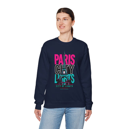 Navy crewneck sweatshirt worn by model, featuring PARIS CITY Eiffel Tower lights graphic.