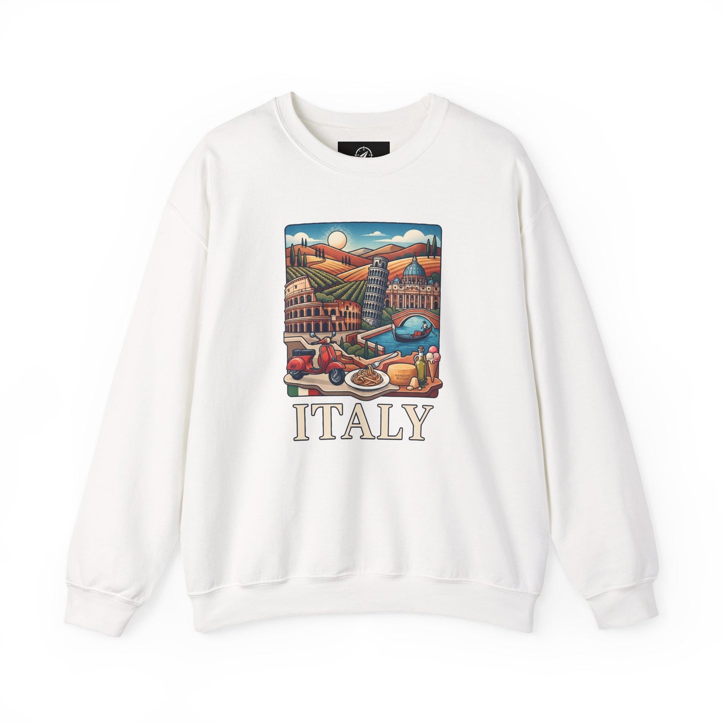 White crewneck sweatshirt with long sleeves and front “ITALY” graphic