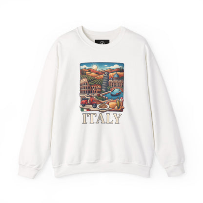 White crewneck sweatshirt with long sleeves and front “ITALY” graphic