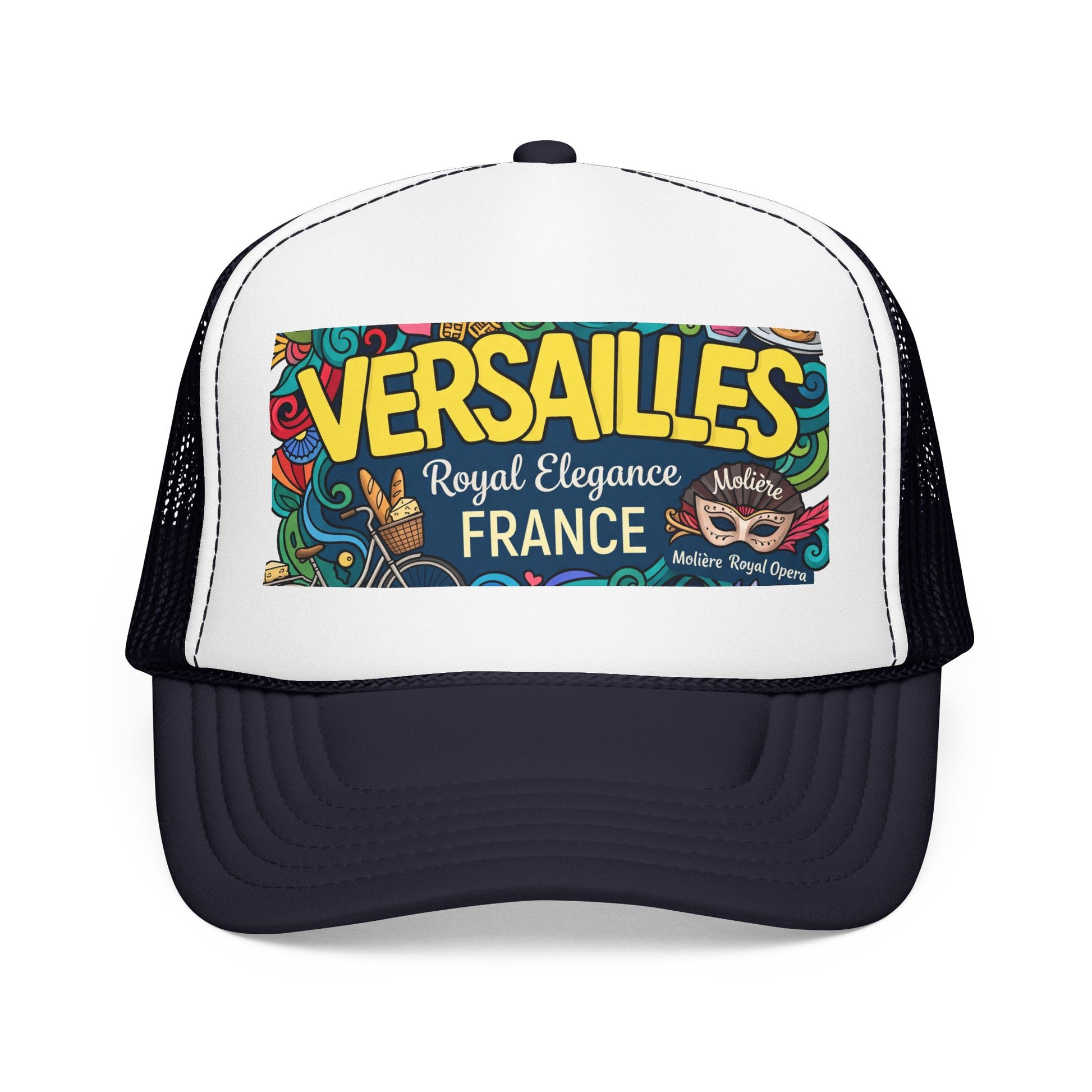 White and black trucker hat with mesh back and “Versailles France” front patch