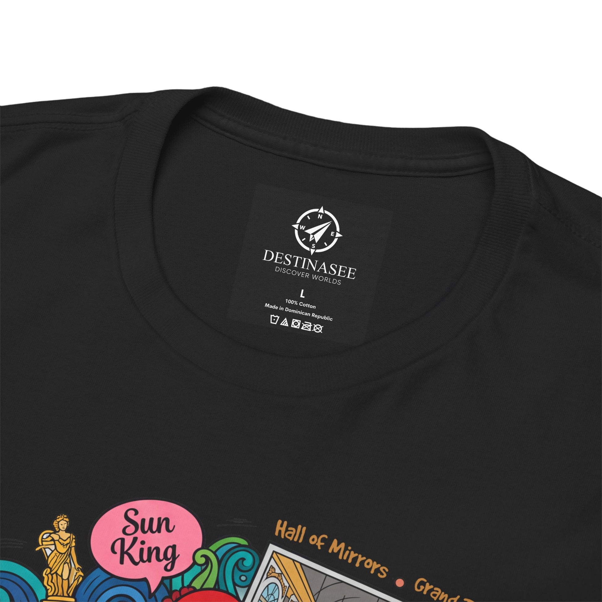 Black crewneck T-shirt with small back neck logo and partial colorful graphic.
