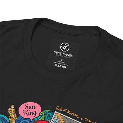 Black crewneck T-shirt with small back neck logo and partial colorful graphic.