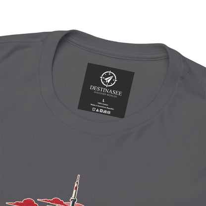 Charcoal crew-neck T-shirt close-up with black neck label and partial skyline graphic