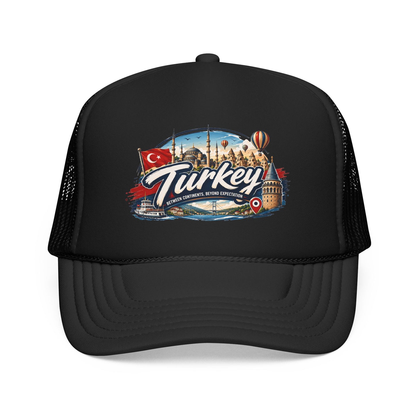 Black trucker hat with mesh sides and Turkey travel graphic patch on the front