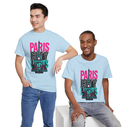 Light blue Paris neon city travel T-shirt with Eiffel Tower graphic