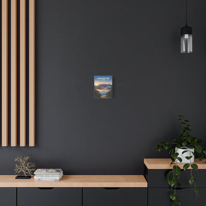 Small matte canvas wall art on wall, showing city skyline, mountains, harbor water, and trees.