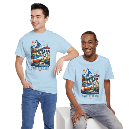 Light blue crew-neck T-shirt with colorful Switzerland village graphic on front
