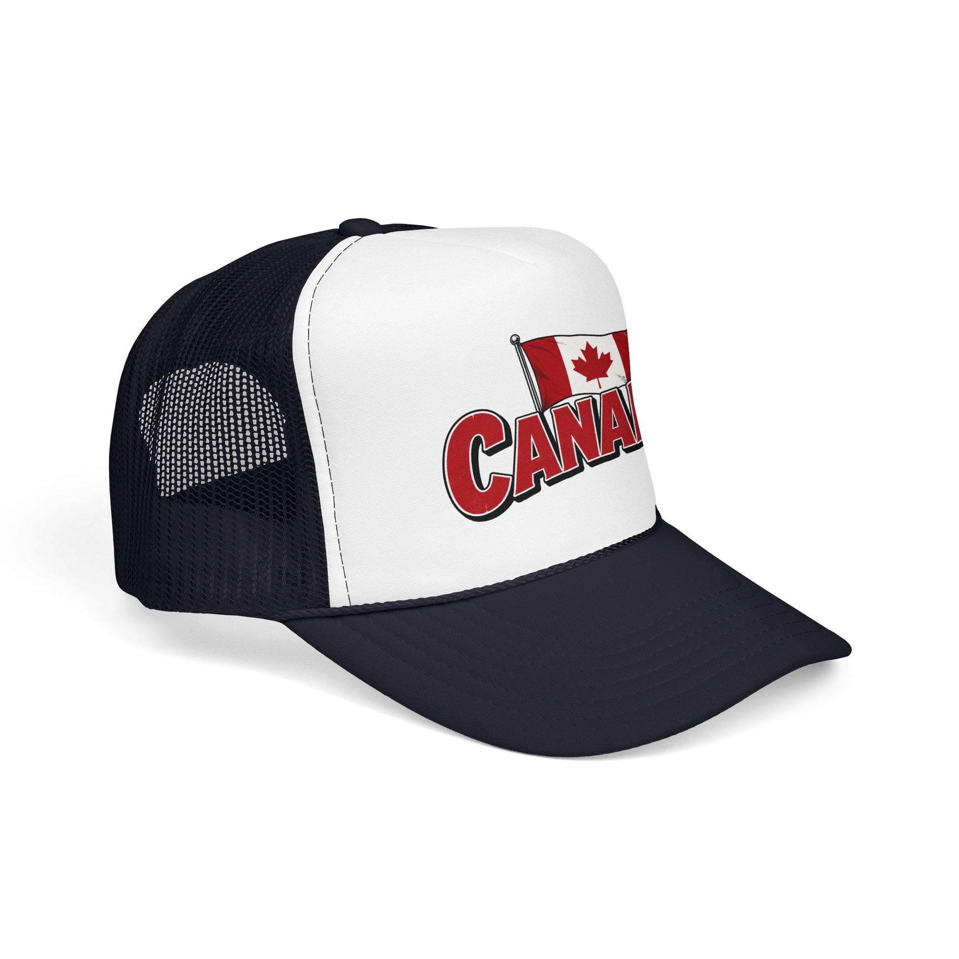 Trucker hat with white front panel and black mesh, Canada logo patch and curved brim.