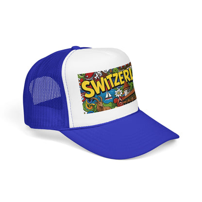 Blue and white trucker hat with mesh back and colorful “SWITZERLAN” front graphic patch