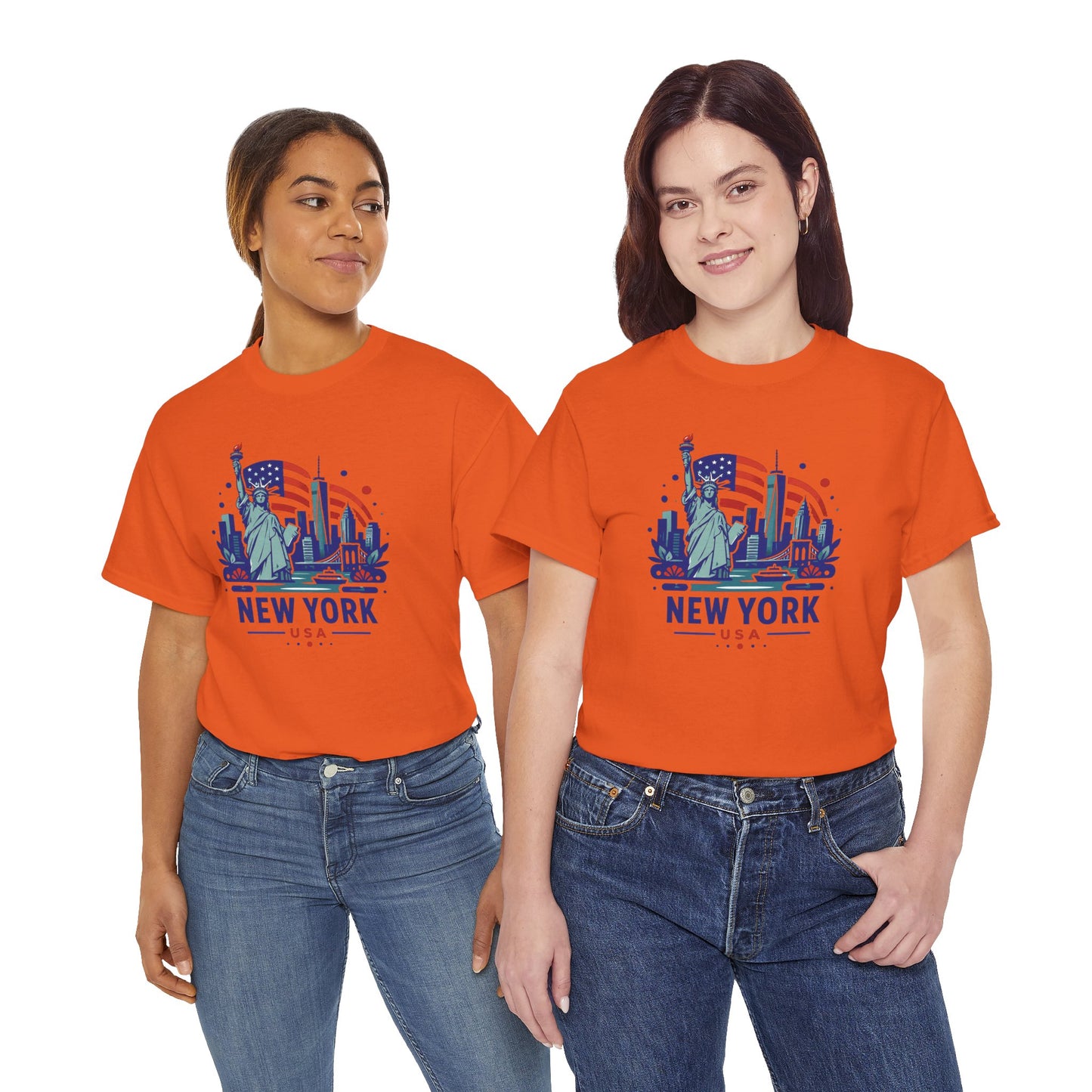 Orange T-shirt with Statue of Liberty New York USA front graphic