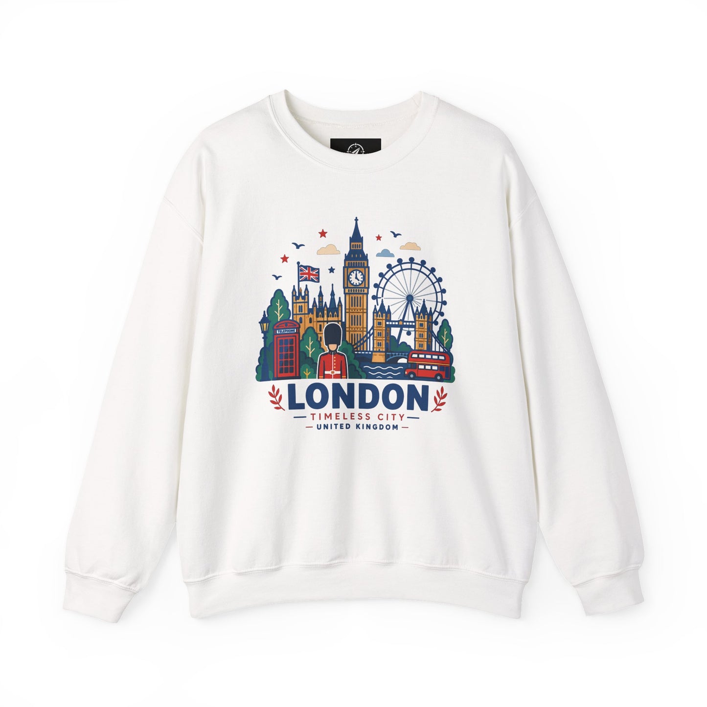 White crewneck sweatshirt with colorful London skyline graphic on the front