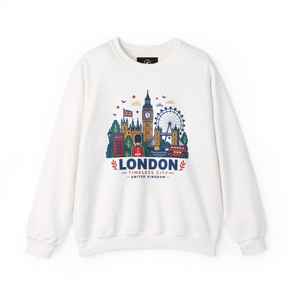 White crewneck sweatshirt with colorful London skyline graphic on the front