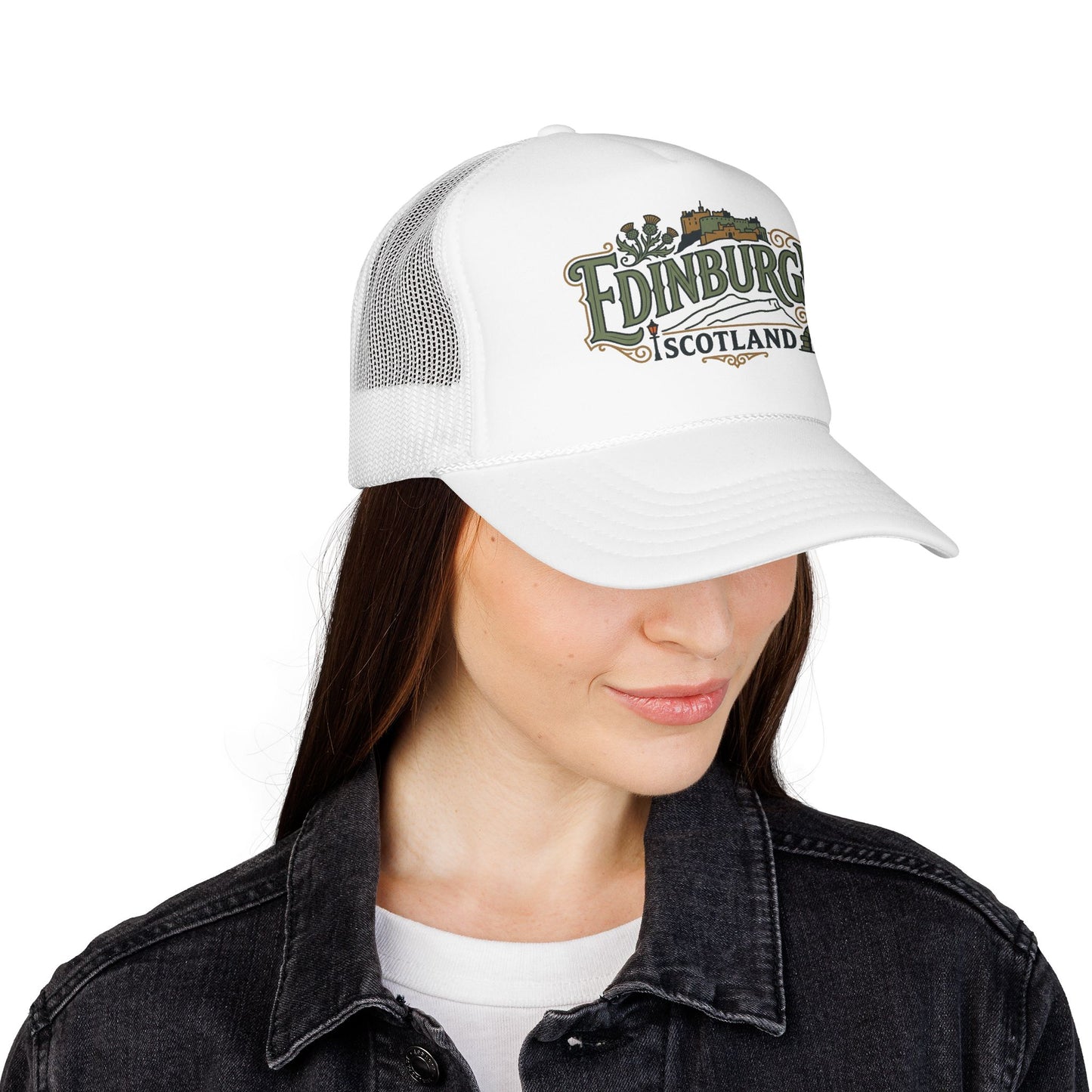 Edinburgh Scotland trucker hat on woman, white cap with front logo embroidery