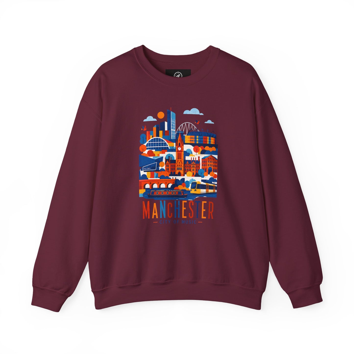 Maroon crewneck sweatshirt with colorful Manchester cityscape graphic on chest