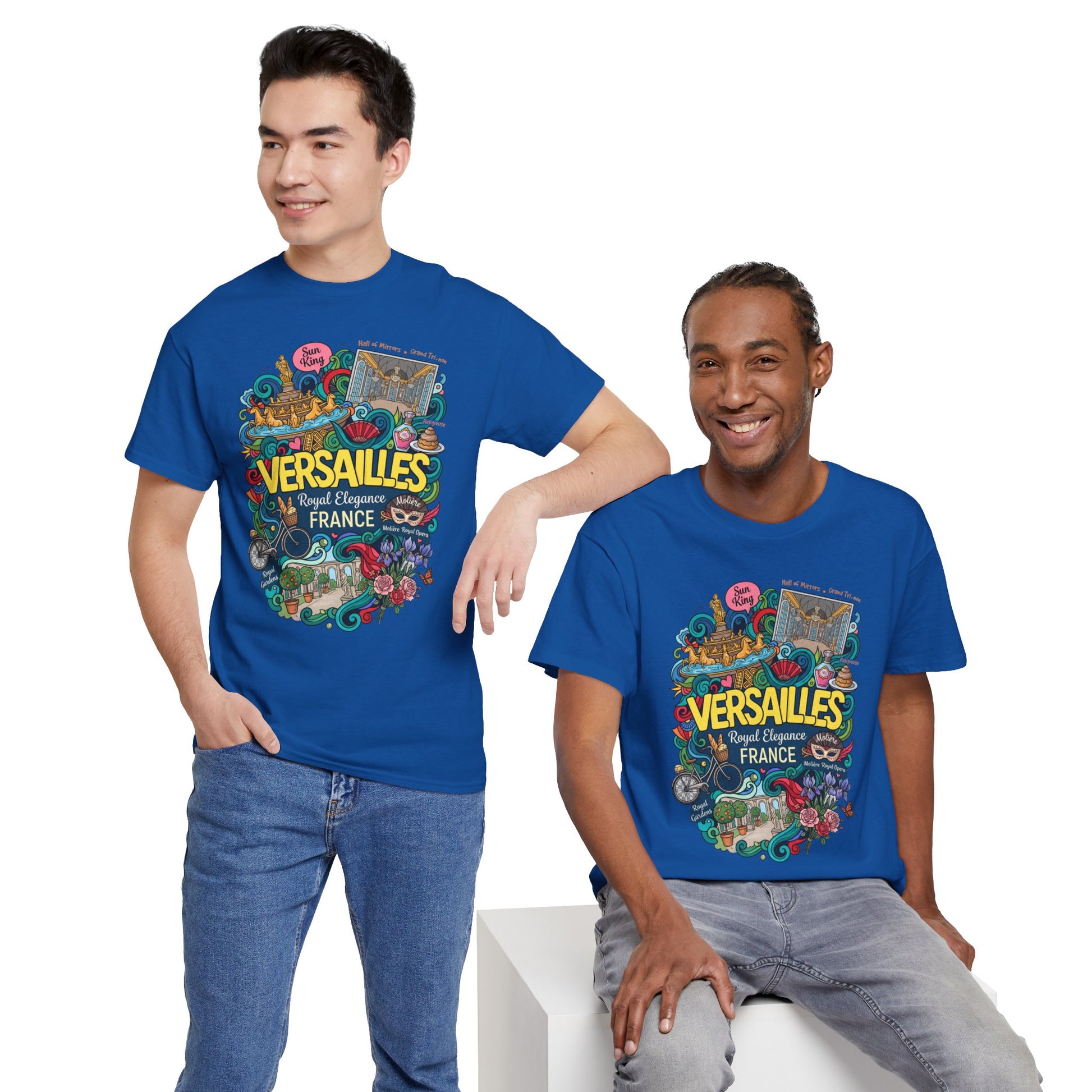 Versailles France illustration T-shirt in royal blue, colorful Versailles front graphic