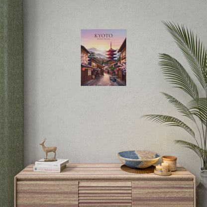 Rolled poster shown on a wall: Kyoto street with Yasaka Pagoda at sunset, title text visible.