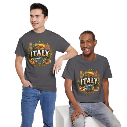 Charcoal gray T-shirt with vintage Italy graphic on front and crew neck
