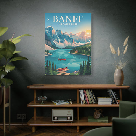Banff Moraine Lake matte canvas wall art, blue lake and mountains with boats and pine trees