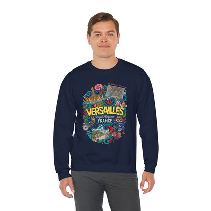 Navy crewneck sweatshirt with colorful Versailles-themed graphic on the front, worn